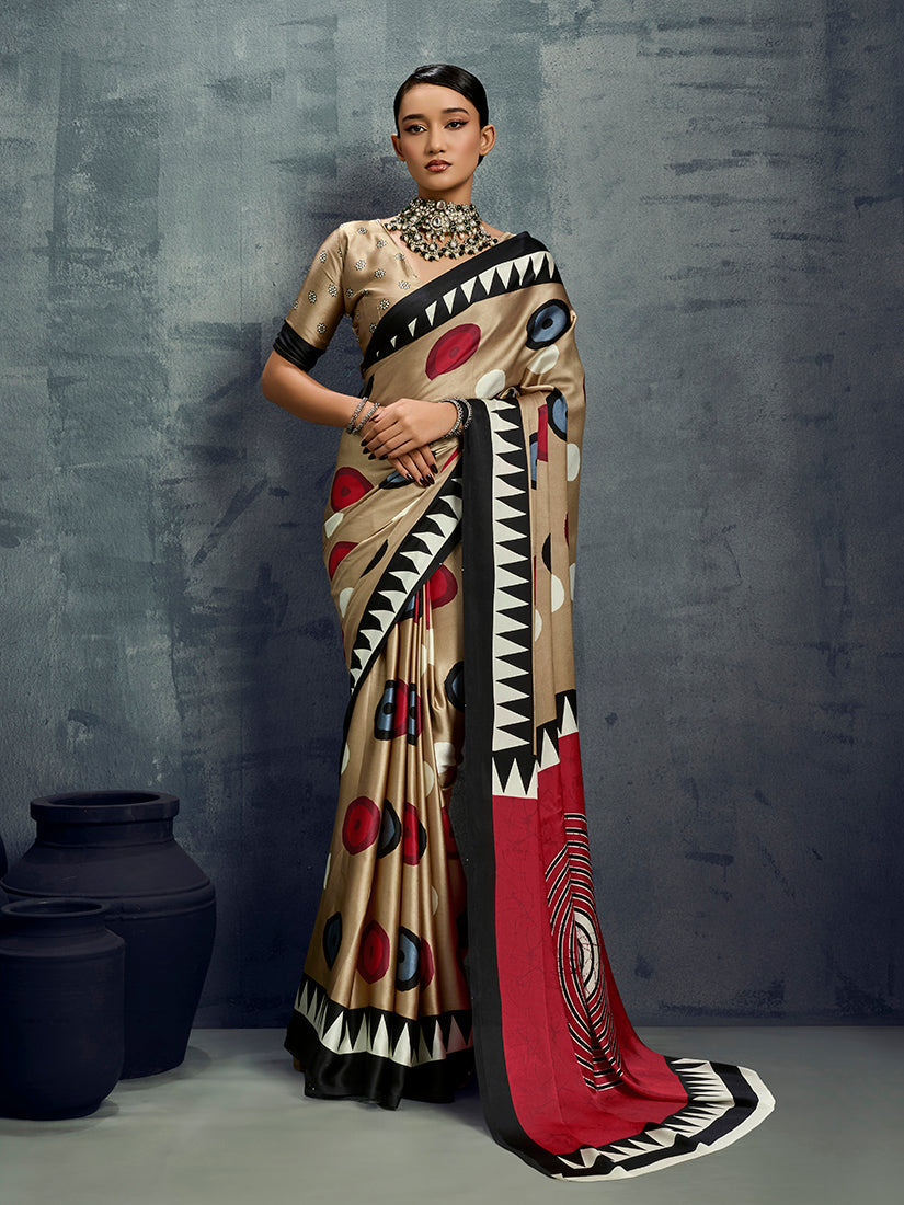 Elegant Chiku colored satin saree with artistic print work