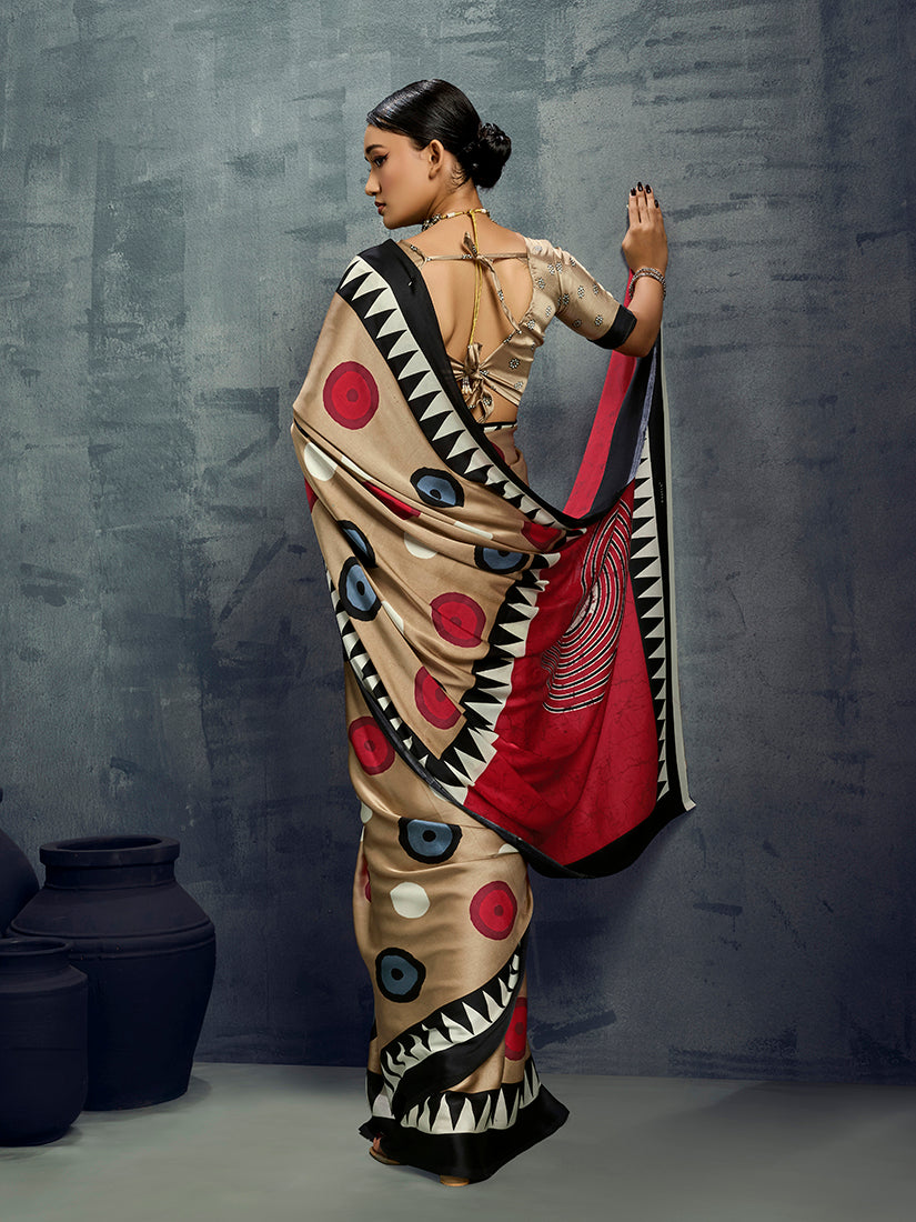 Chiku Satin Printed Casual Saree with Graceful Finish