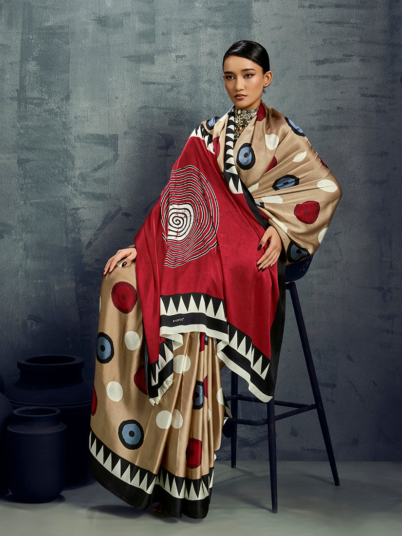 Chiku Satin Printed Casual Saree with Graceful Finish