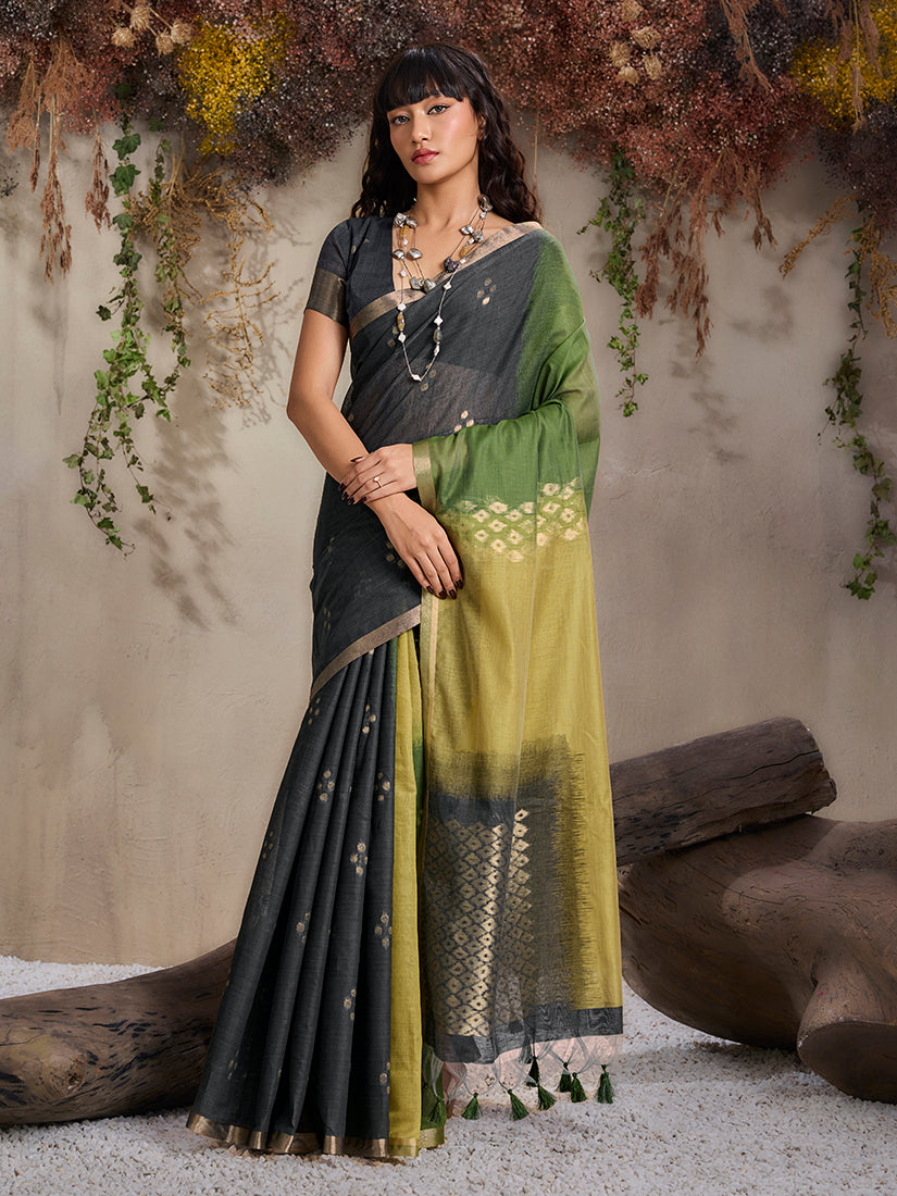 Model wearing a Multi Colour Viscose Cotton Weaving Contemporary Saree with intricate patterns.