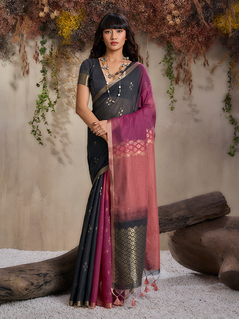 Close up shot of Multi Colour Viscose Cotton Weaving Contemporary Saree showing texture and pattern.