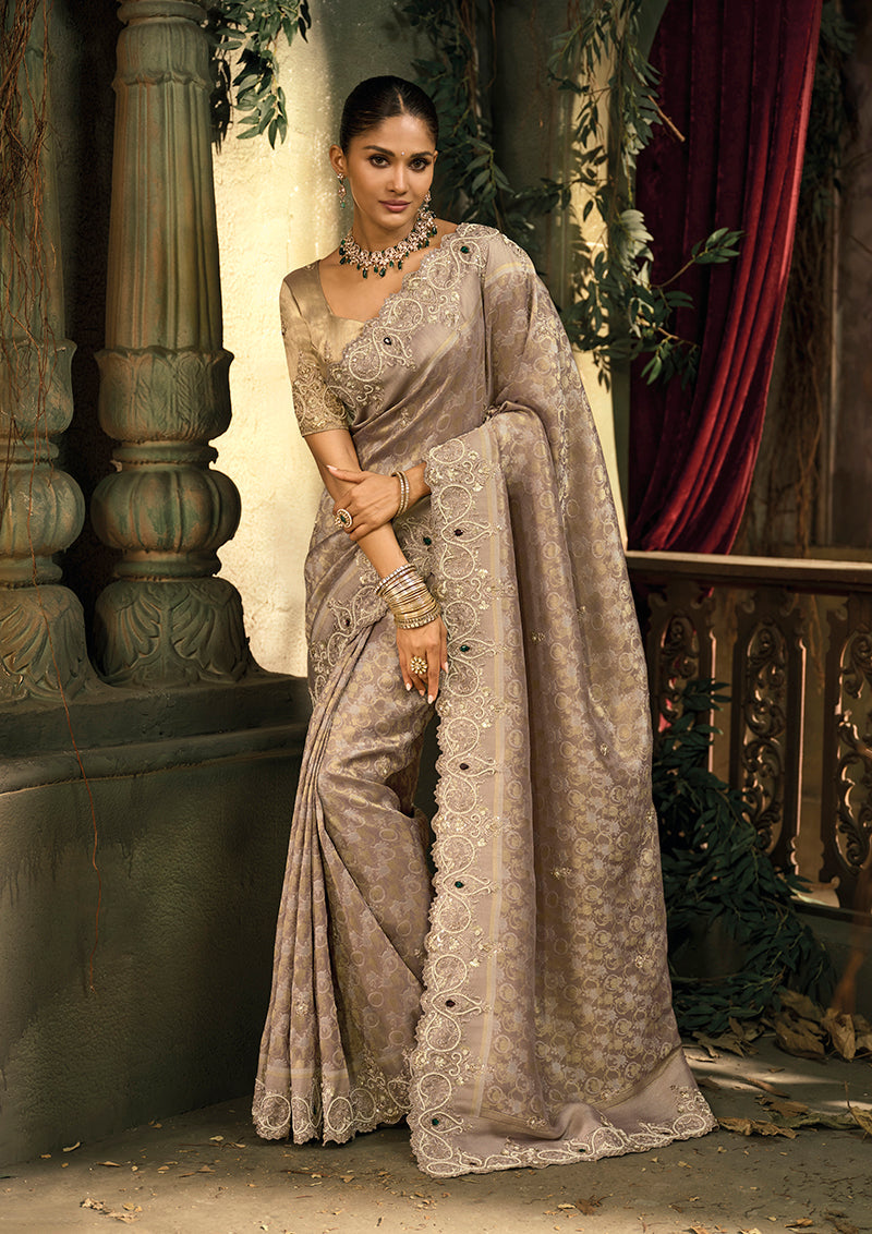 Light brown silk blend wedding saree with detailed cut dana and zari embroidery