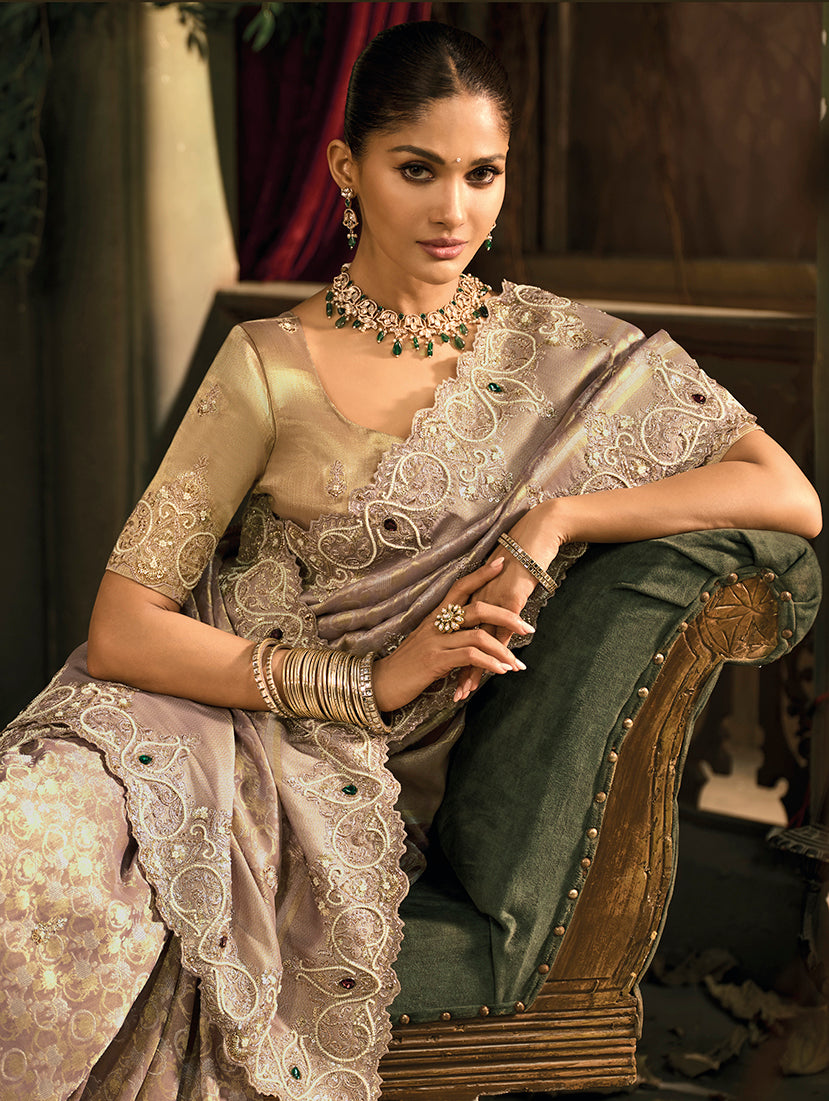 Light Brown Silk Blend Wedding Saree With Zari Work