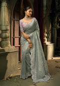 Grey silk blend wedding saree with detailed cut dana, moti, and zari embroidery