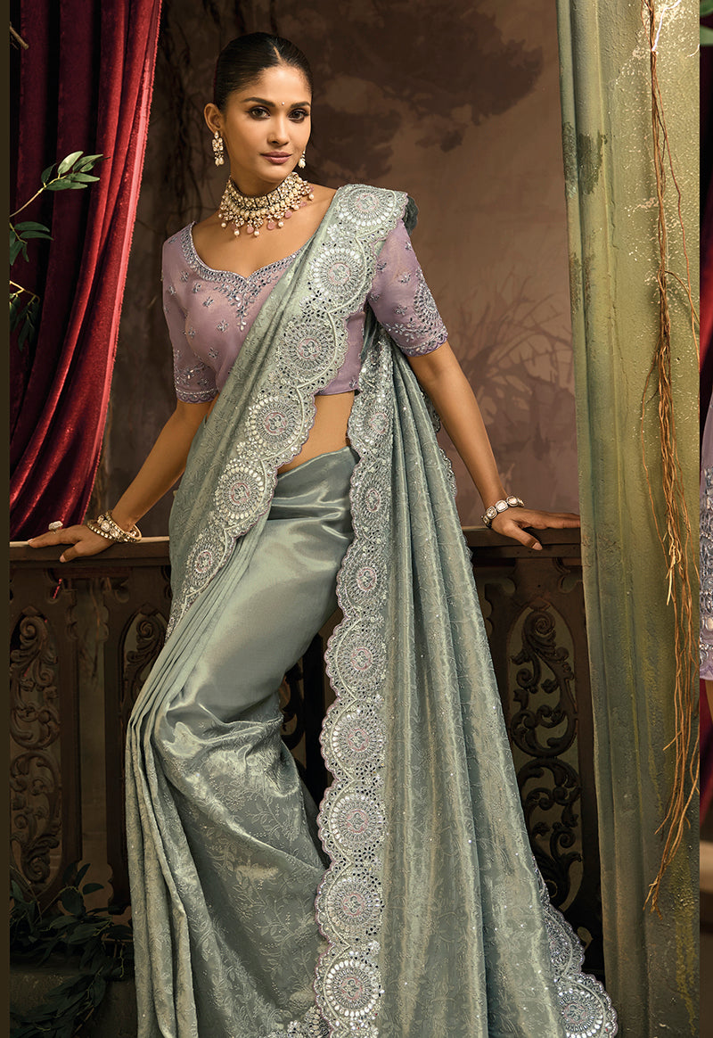 Grey Silk Blend Wedding Saree with Cut Dana and Embroidered Zari