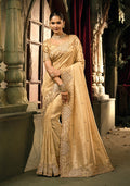 Monjolika Fashion Beige Silk Blend Wedding Saree With Cut Dana, Embroidered, Moti And Zari Work