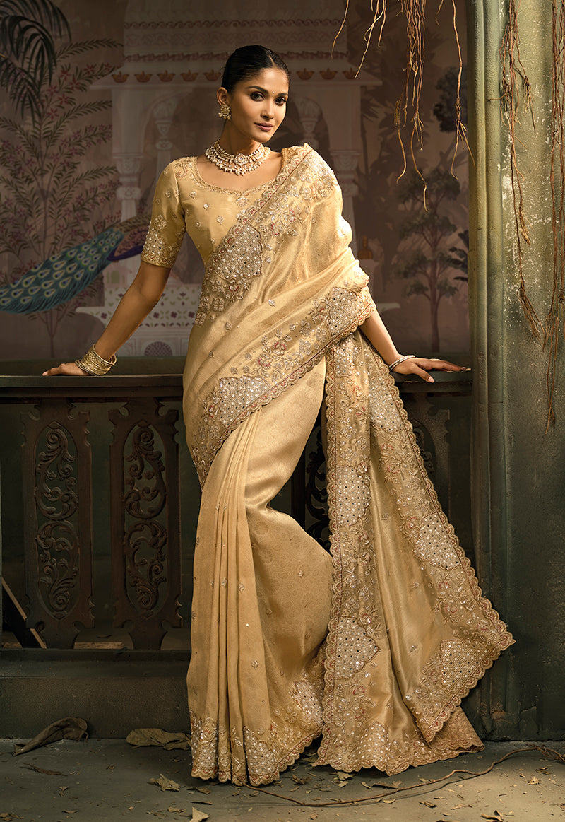 Monjolika Fashion Beige Silk Blend Wedding Saree With Cut Dana, Embroidered, Moti And Zari Work