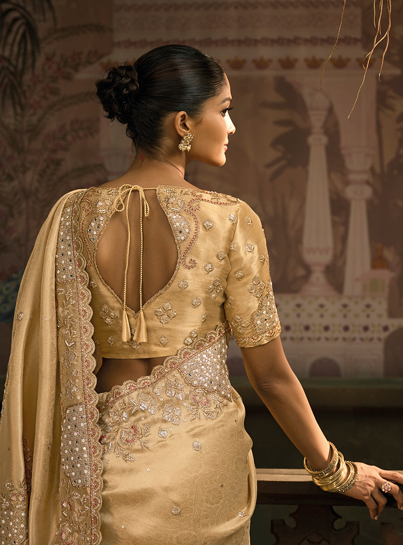 Monjolika Fashion Beige Silk Blend Wedding Saree With Cut Dana, Embroidered, Moti And Zari Work