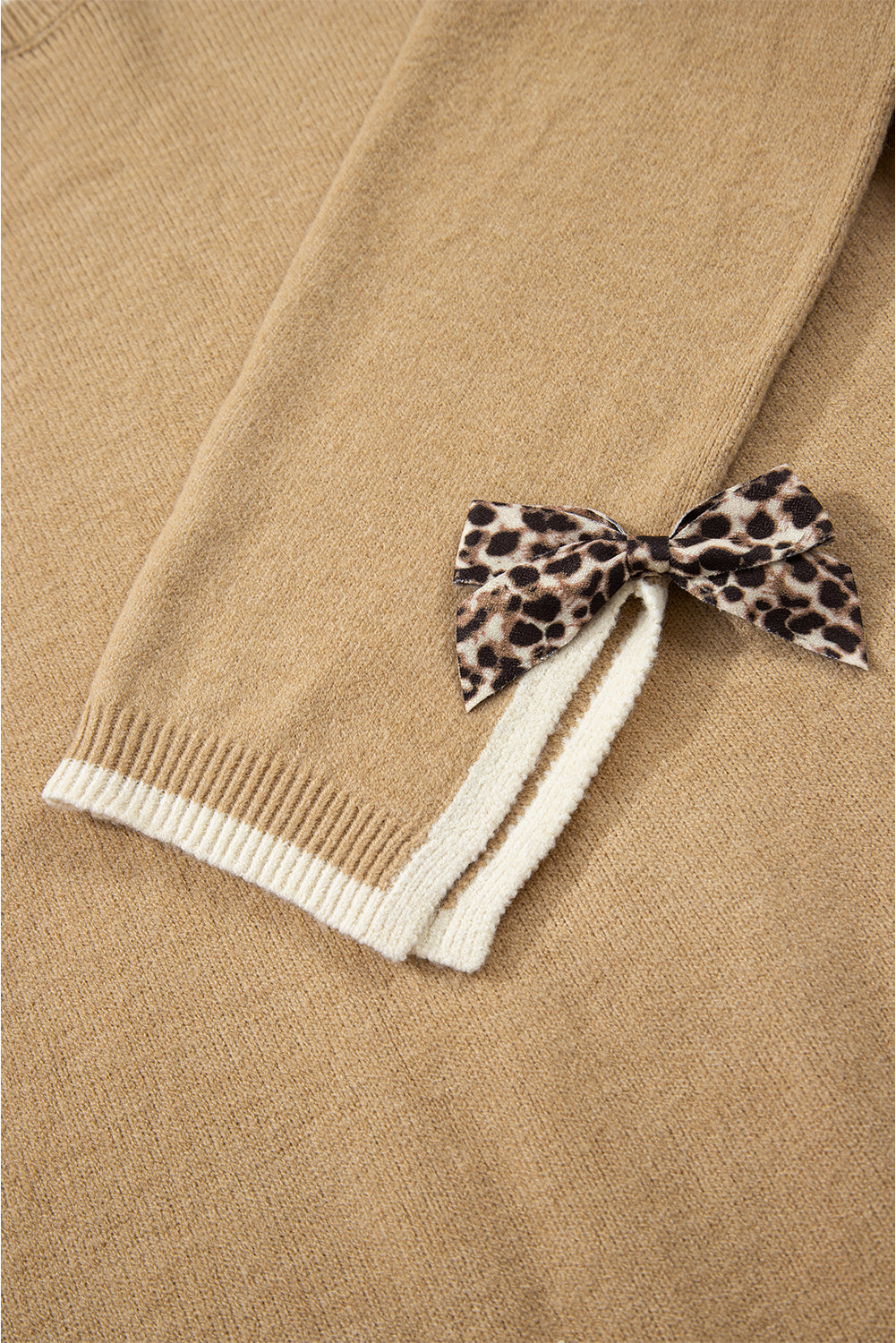 Leopard Bow Split Cuff Contrast Trim Sweater