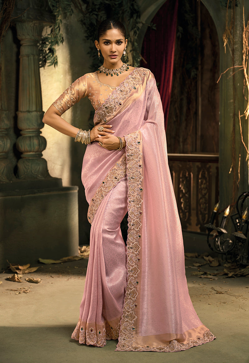 Monjolika Fashion Pink Silk Blend Wedding Saree With Cut Dana, Embroidered, Moti And Zari Work