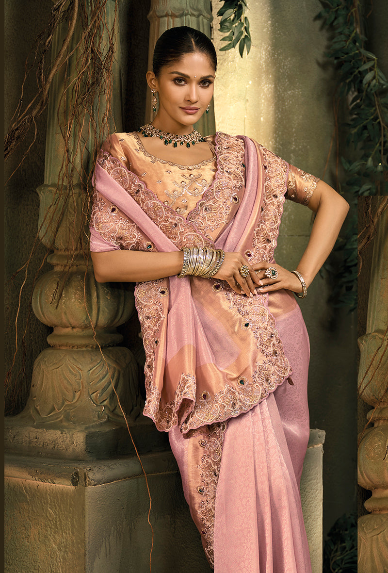 Monjolika Fashion Pink Silk Blend Wedding Saree With Cut Dana, Embroidered, Moti And Zari Work