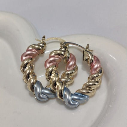 Modern geometric copper earrings in vibrant gold, pink, and blue finishes for women.