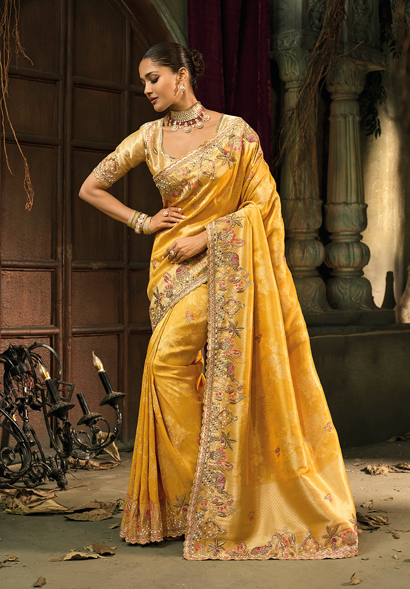 Mustard silk blend wedding saree with detailed Cut Dana and Zari embroidery