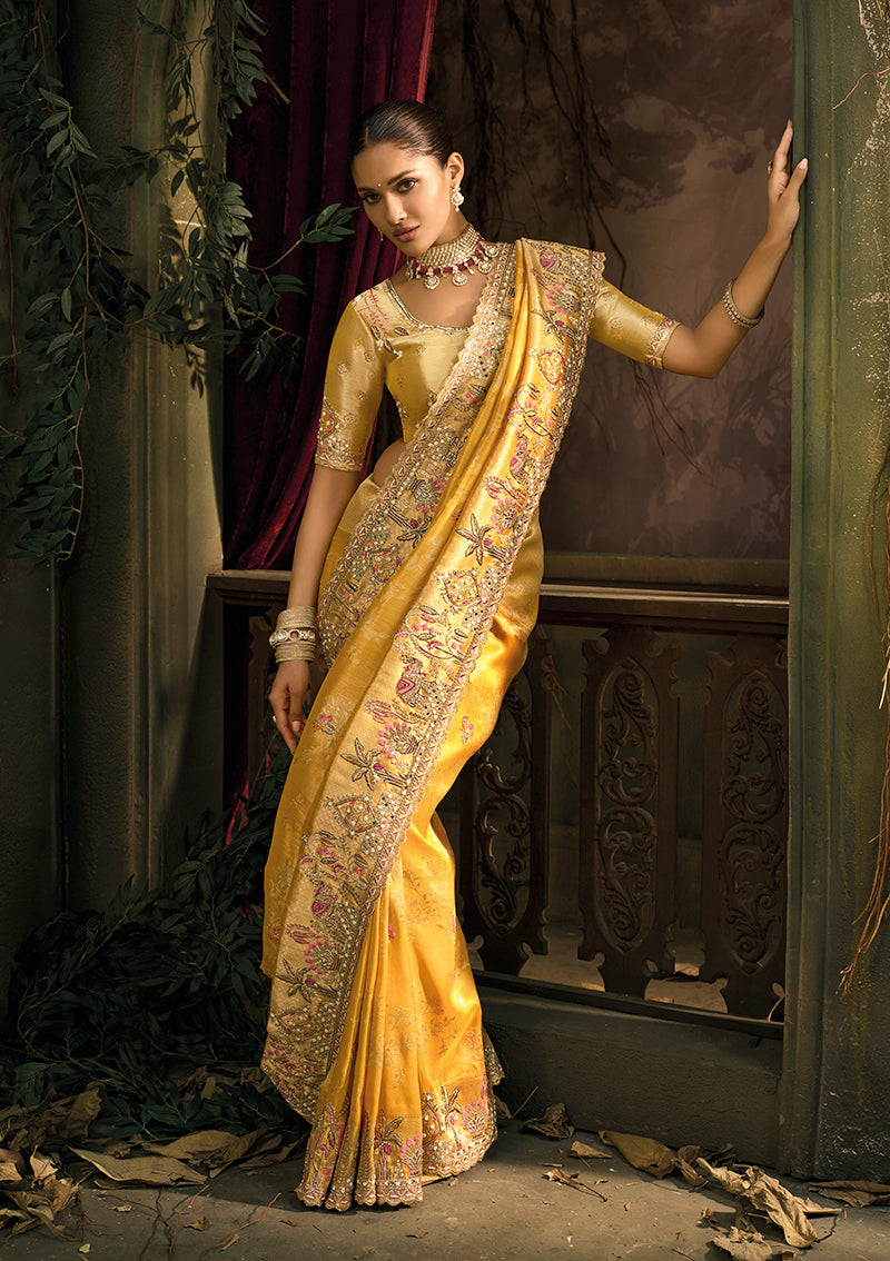 Mustard Silk Blend Wedding Saree with Cut Dana and Zari Work