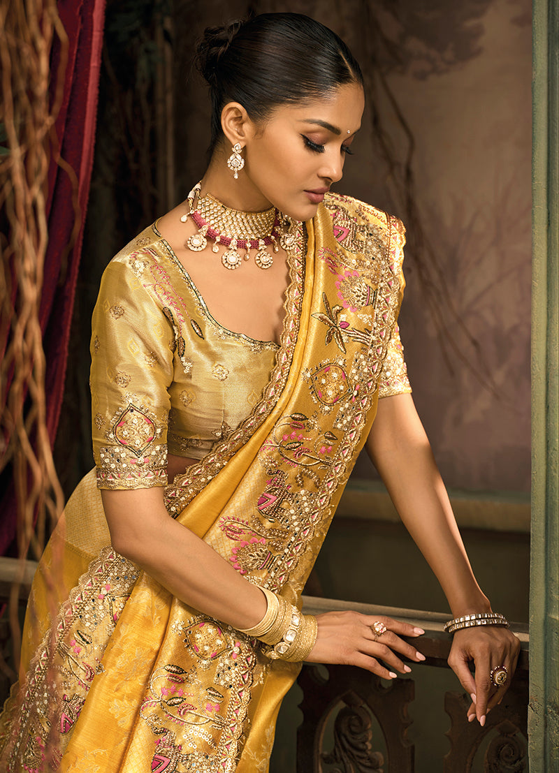 Mustard Silk Blend Wedding Saree with Cut Dana and Zari Work