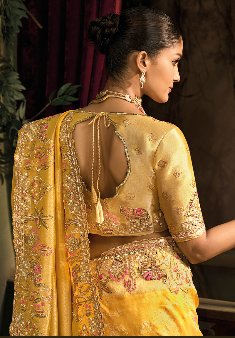 Mustard Silk Blend Wedding Saree with Cut Dana and Zari Work