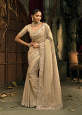 Cream silk blend wedding saree with detailed Zari, Moti and Cut Dana embroidery