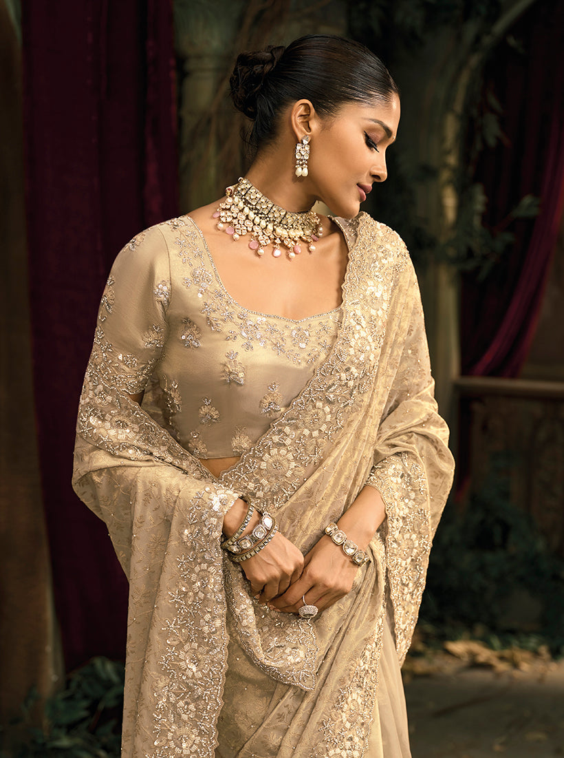 Cream Silk Blend Wedding Saree with Zari, Moti and Cut Dana Work