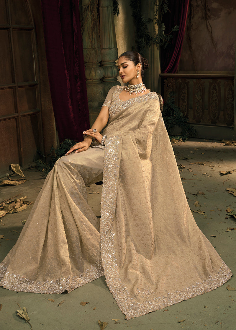 Cream Silk Blend Wedding Saree with Zari, Moti and Cut Dana Work