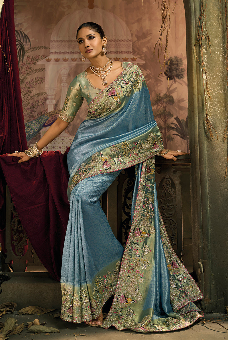 Light Blue Silk Blend Wedding Saree with Moti and Zari Work