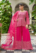 Rani pink chinon embroidered readymade palazzo kameez set.