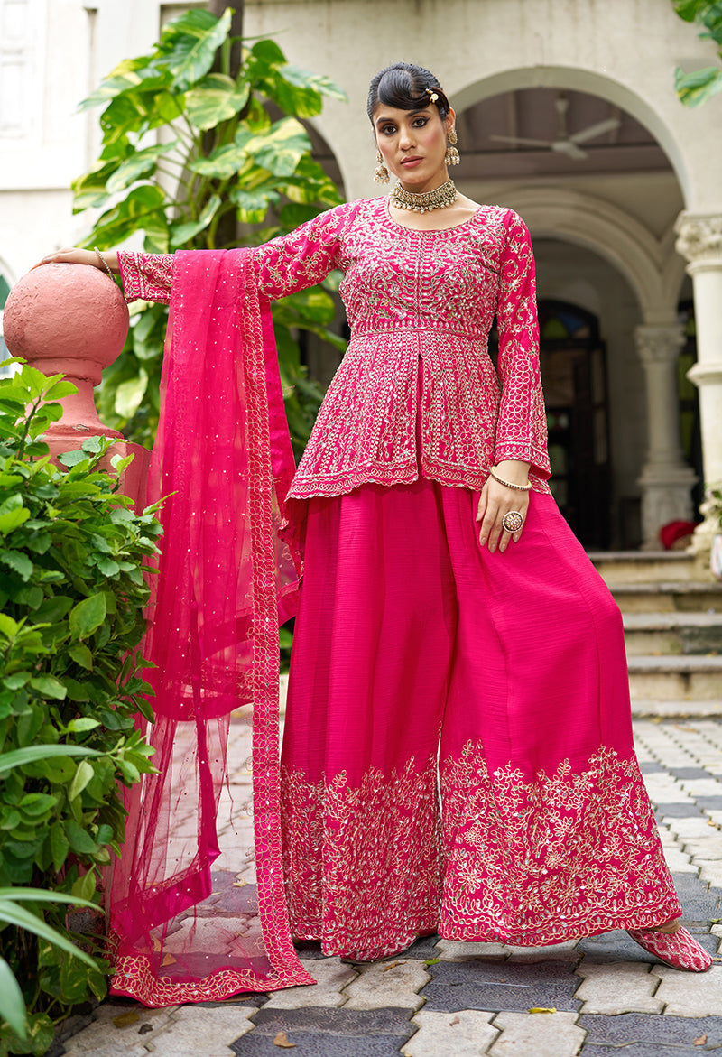 Rani Pink Chinon Embroidered Readymade Palazzo Kameez