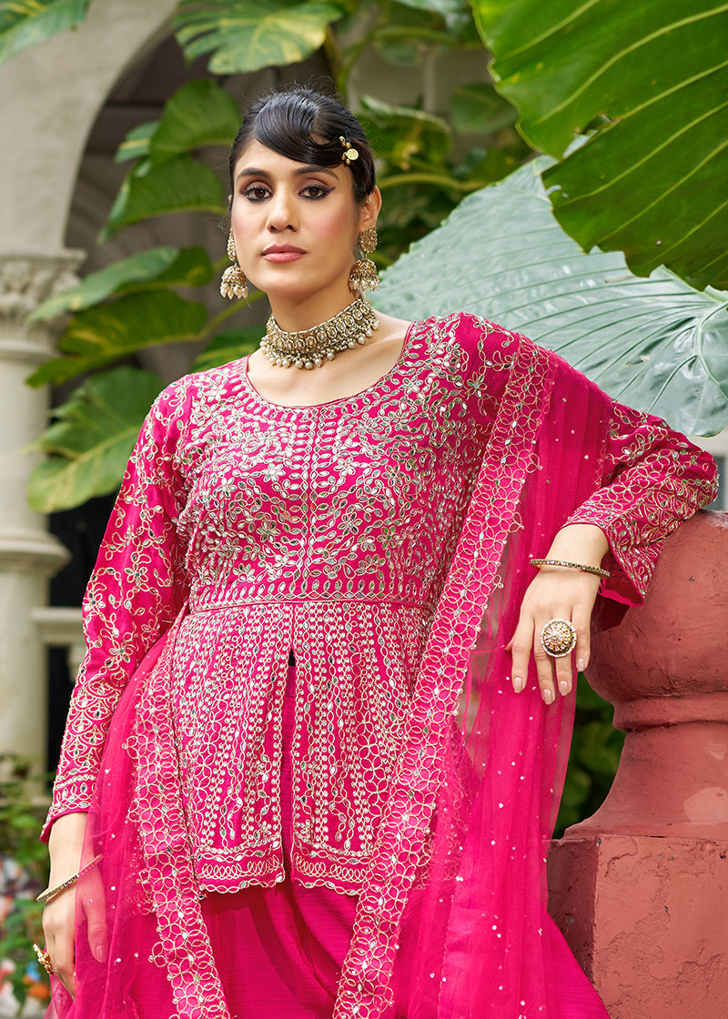 Rani Pink Chinon Embroidered Readymade Palazzo Kameez