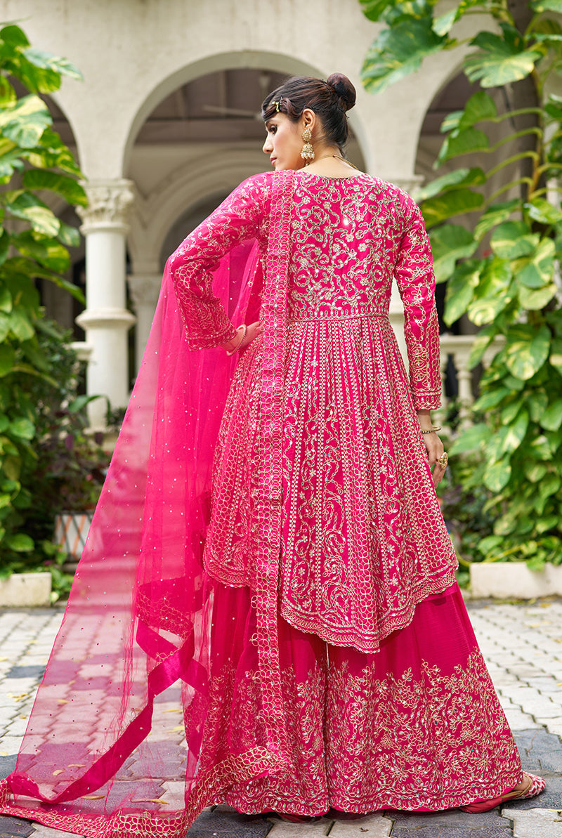 Rani Pink Chinon Embroidered Readymade Palazzo Kameez