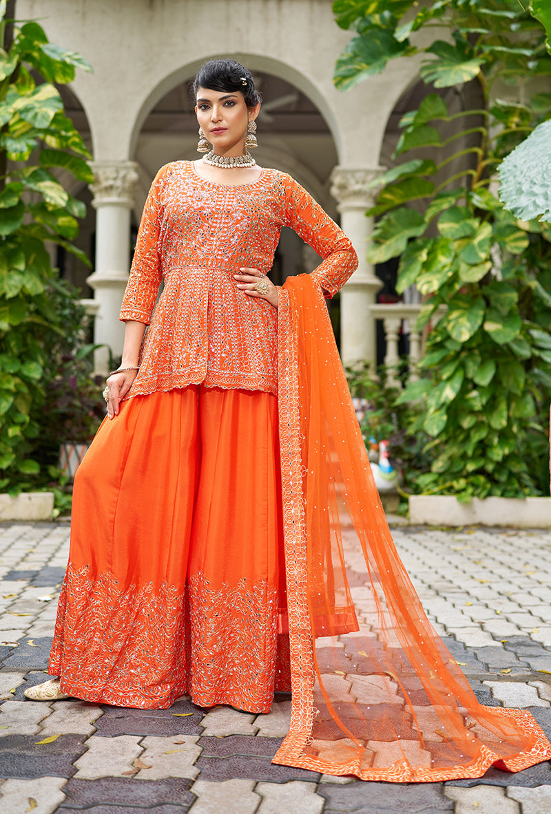 Orange Embroidered Chinon Readymade Palazzo Kameez Set