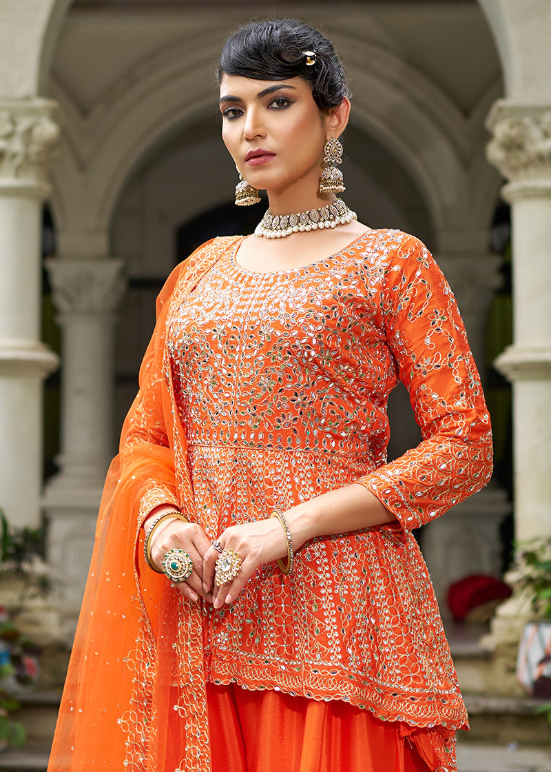 Orange Embroidered Chinon Readymade Palazzo Kameez Set