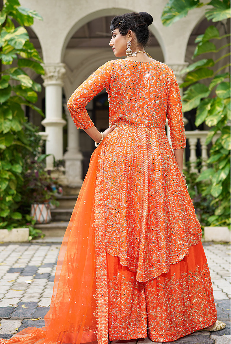 Orange Embroidered Chinon Readymade Palazzo Kameez Set