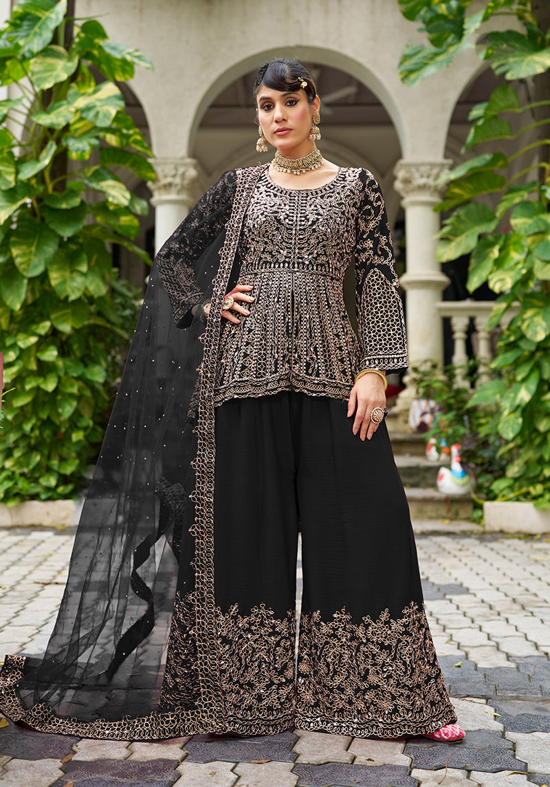 Black Embroidered Chinon Readymade Palazzo Kameez Set