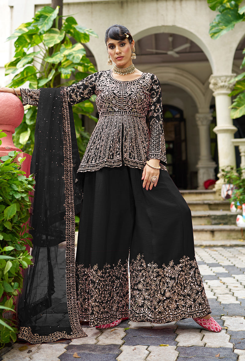Black embroidered chinon readymade palazzo kameez set.