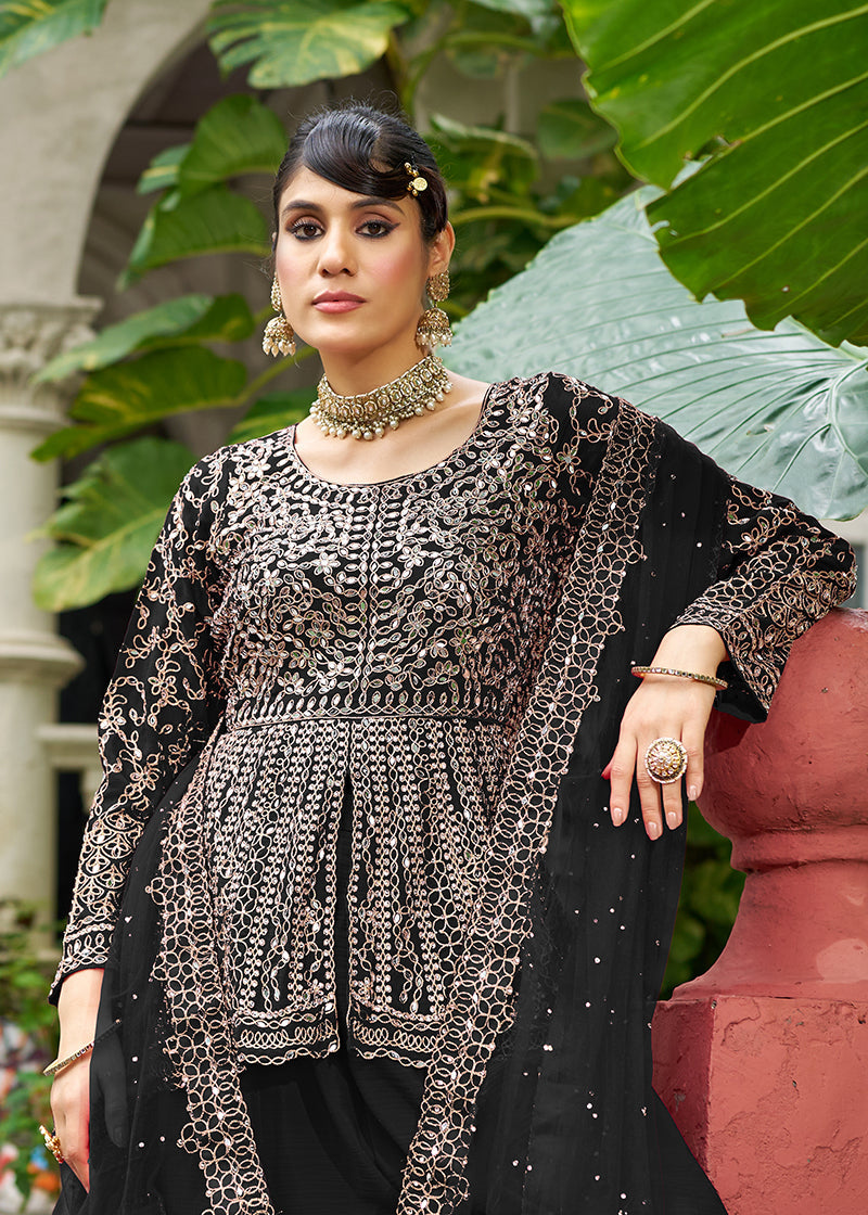 Black Embroidered Chinon Readymade Palazzo Kameez Set