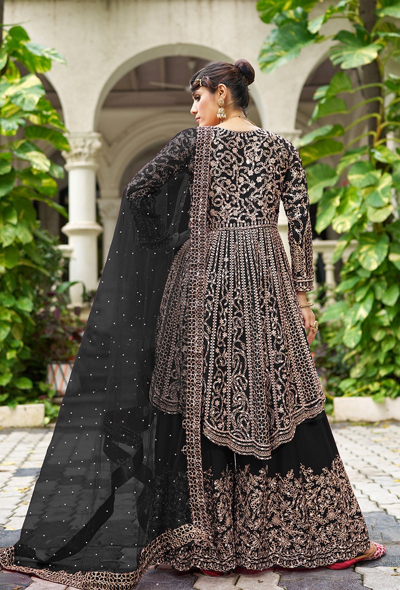 Black Embroidered Chinon Readymade Palazzo Kameez Set