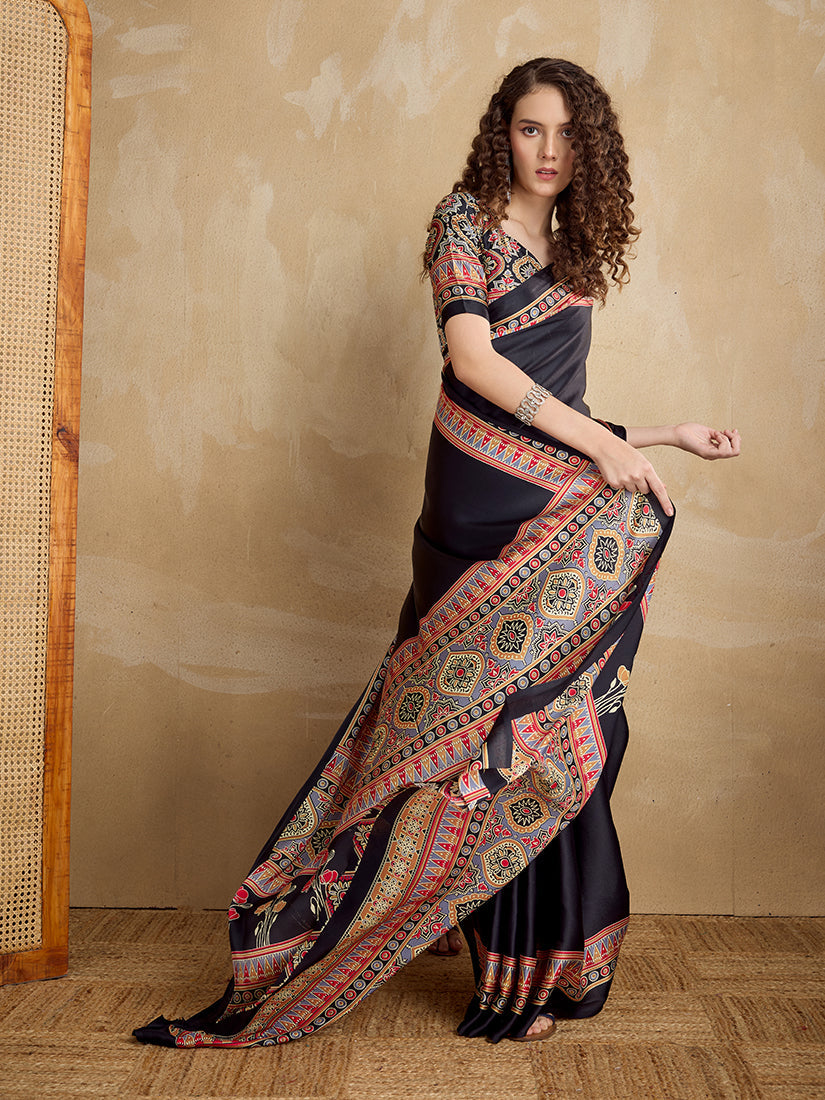 Black Satin Saree with Multi-Colored Printed Border & Pallu
