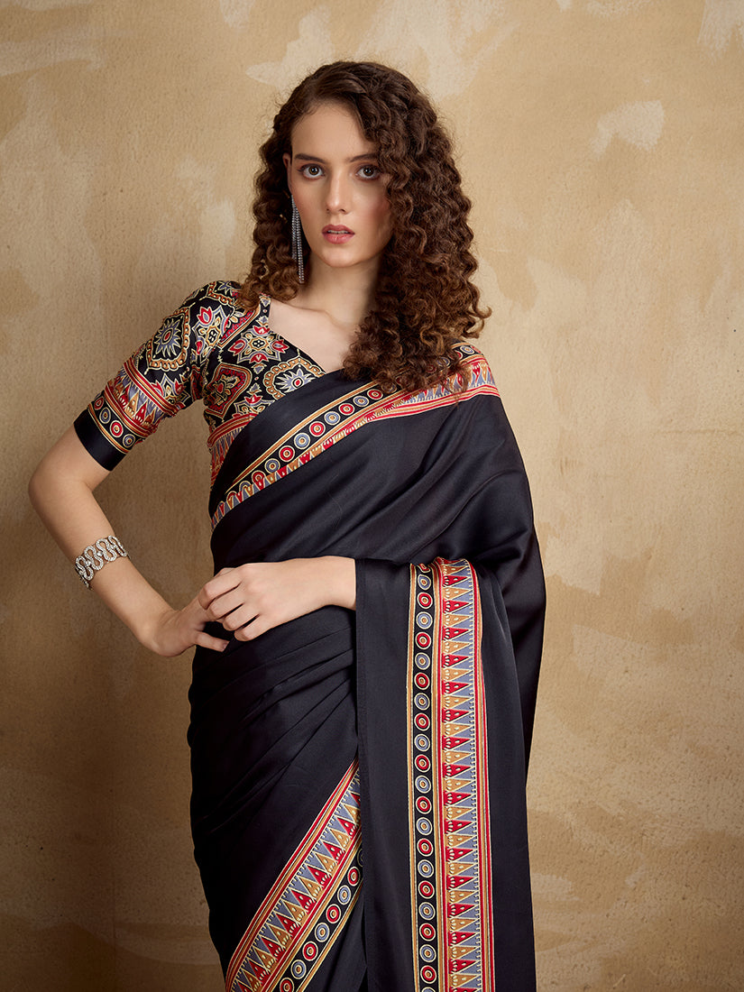 Black Satin Saree with Multi-Colored Printed Border & Pallu