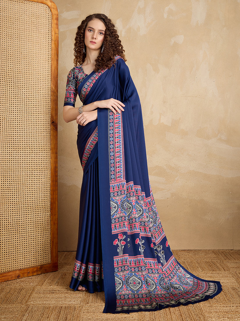Navy blue satin saree with vibrant multi-colored printed border and pallu