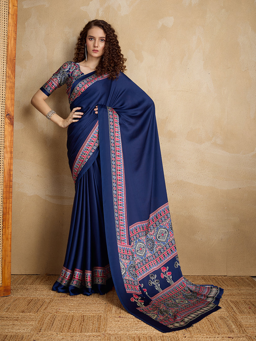 Navy Blue Printed Satin Saree with Vibrant Border