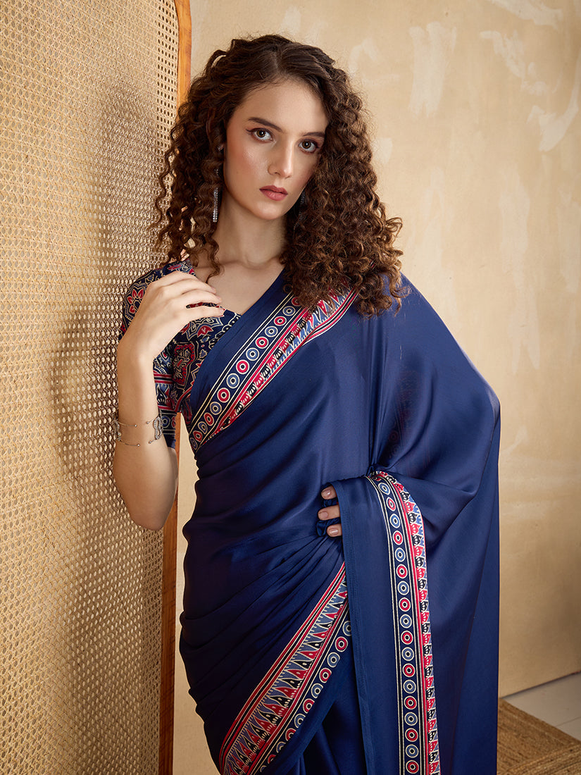 Navy Blue Printed Satin Saree with Vibrant Border