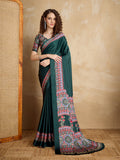 Elegant dark green satin saree with a multi-colored printed border and pallu