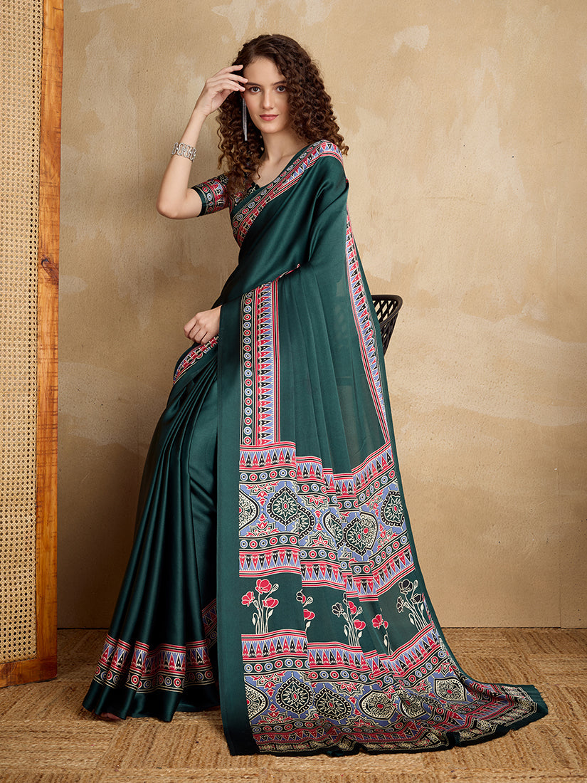 Dark Green Printed Satin Saree with Vibrant Border