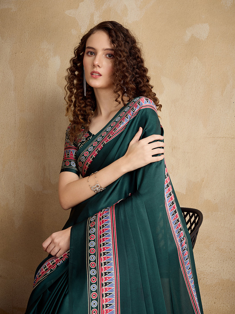 Dark Green Printed Satin Saree with Vibrant Border