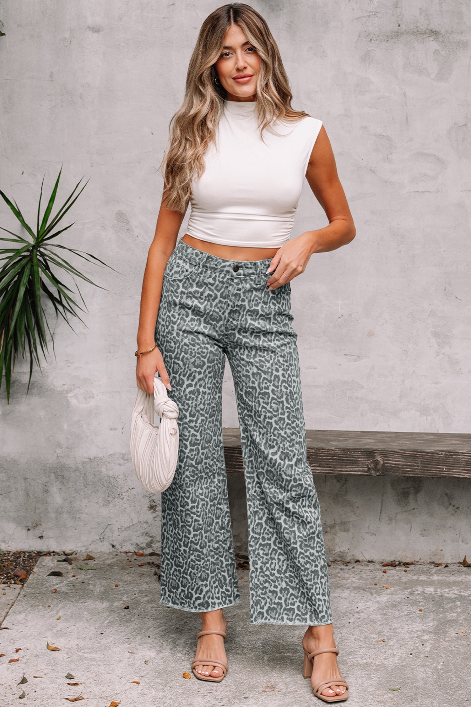 Gray Leopard Frayed Edge Wide Leg High Waist Jeans
