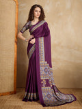Purple satin saree with a multi-colored printed pallu and border detail.