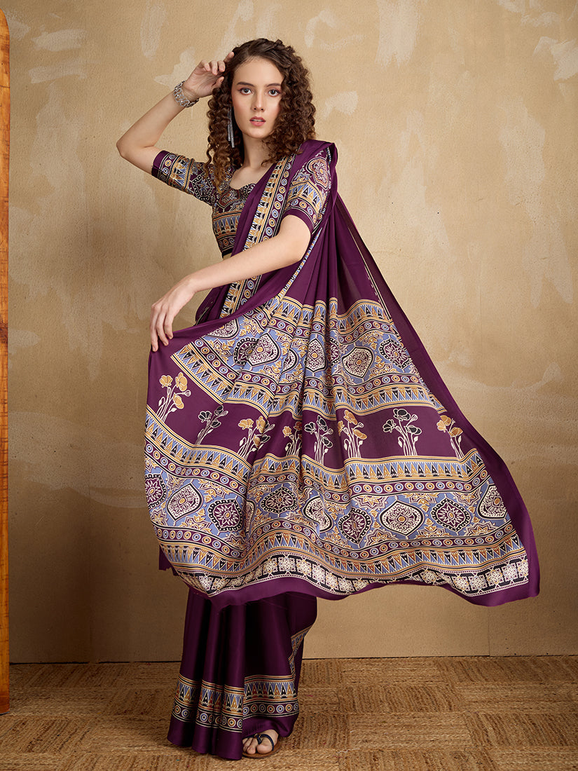 Purple Printed Satin Saree with Multi-Colored Border
