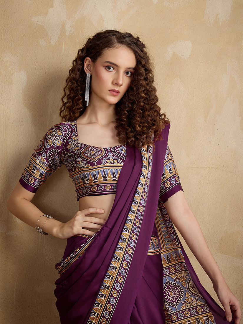 Purple Printed Satin Saree with Multi-Colored Border