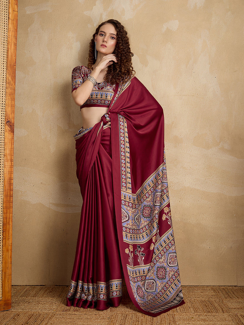 Maroon Printed Satin Saree with Vibrant Border and Pallu