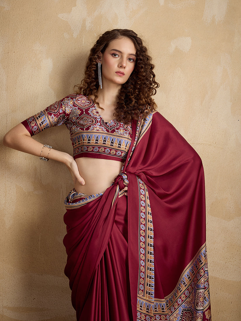 Maroon Printed Satin Saree with Vibrant Border and Pallu
