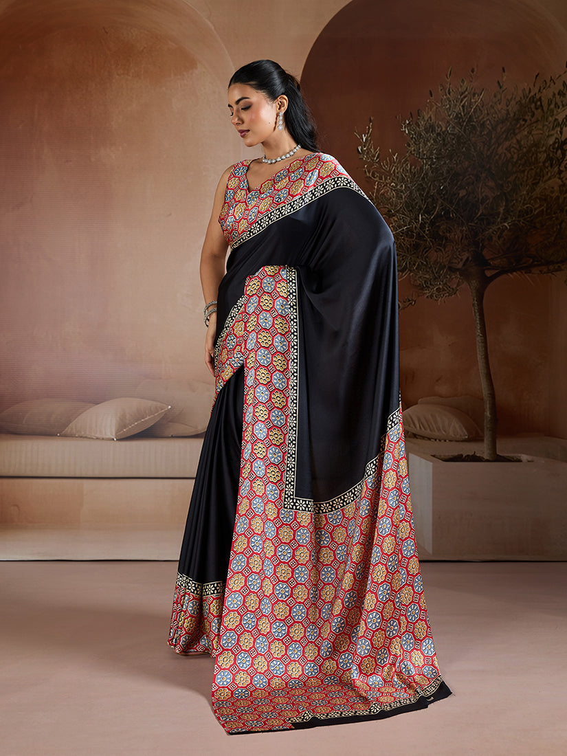 Black Printed Satin Saree with Matching Blouse for Festive Events